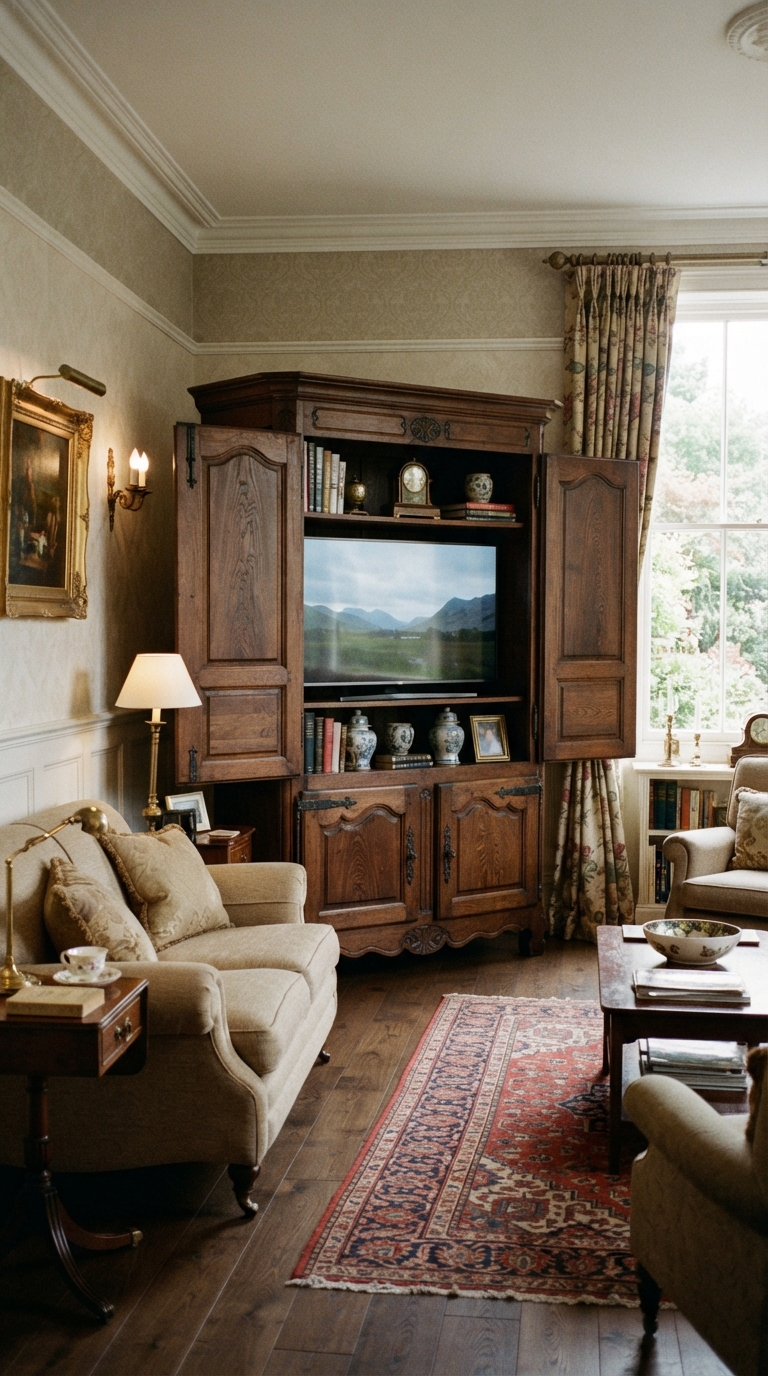 TV concealed inside a wooden armoire in an old money style living room