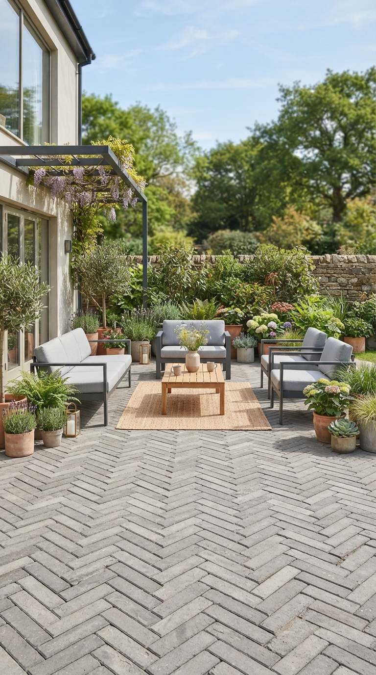 Geometric gray concrete paver patio layout