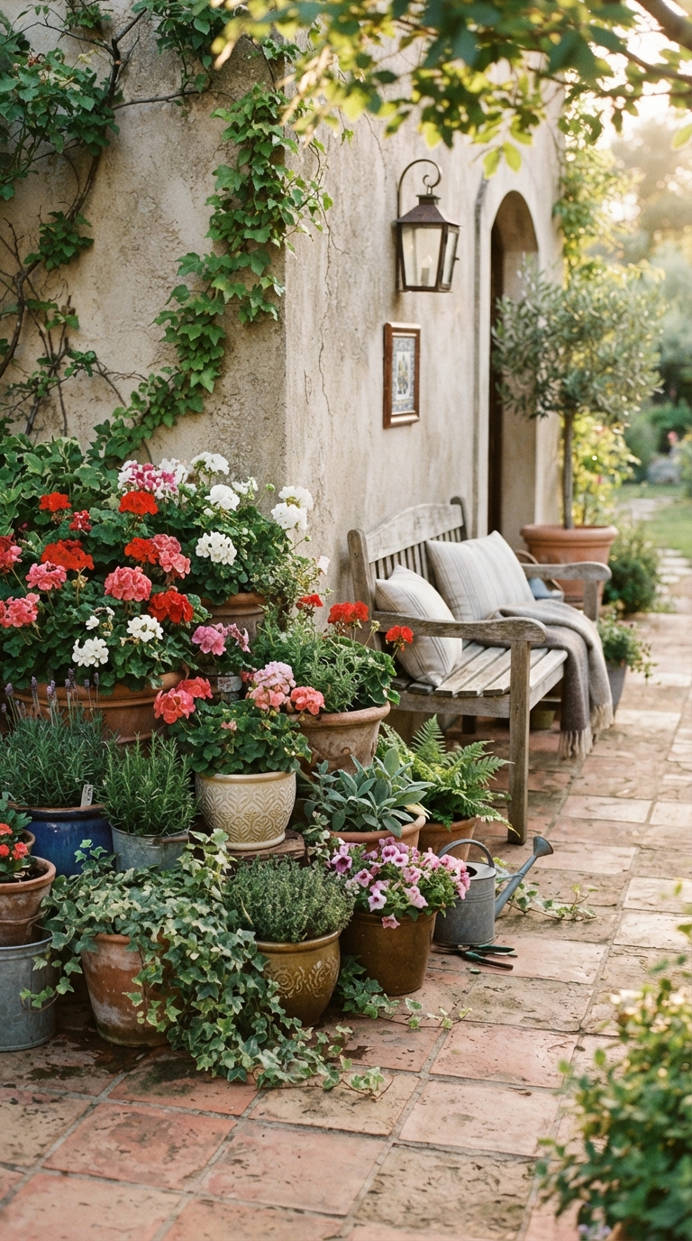 Container garden patio corner with mixed potted plant