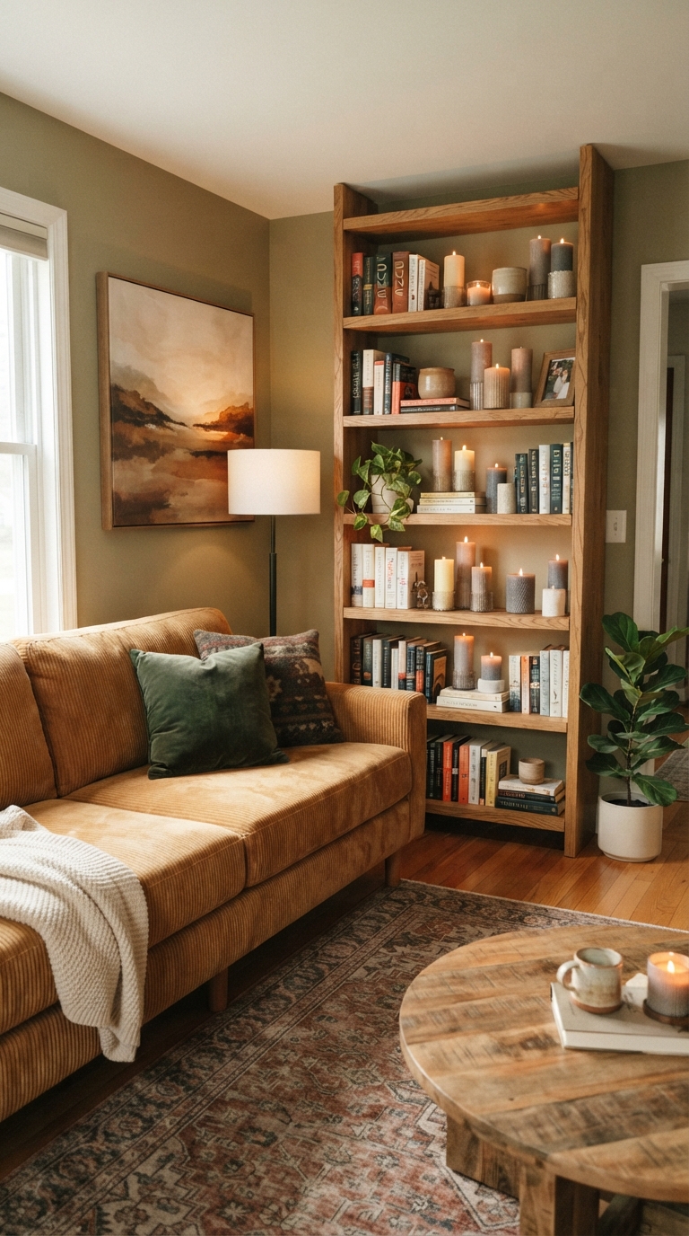 Cozy living room with corduroy sofa and candlelit shelves