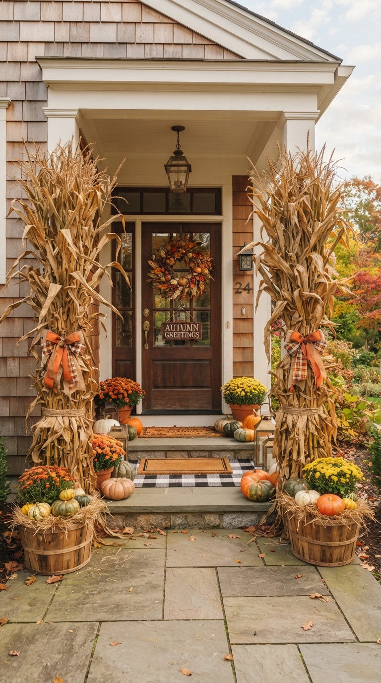 Corn stalk bundles flanking front door for autumn curb appeal
