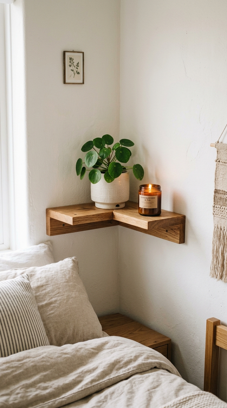 Corner floating shelf idea for small bedrooms