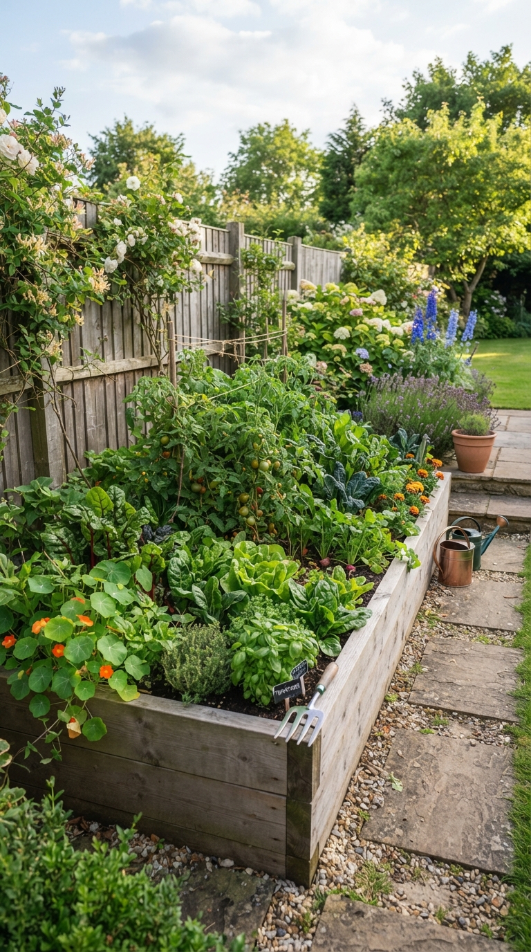 Raised vegetable garden bed planted in a sunny backyard corner.