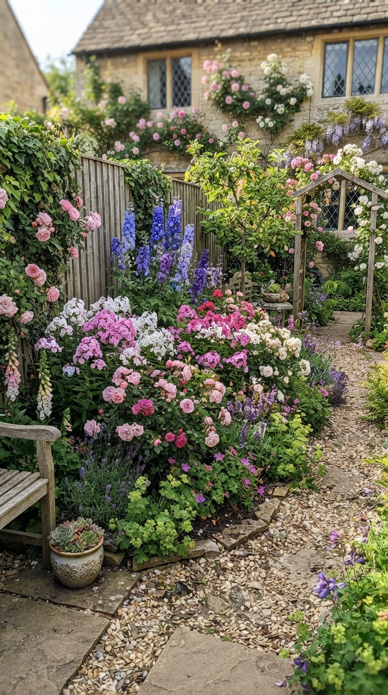 Small cottage-style flower bed with roses and delphiniums in a yard corner