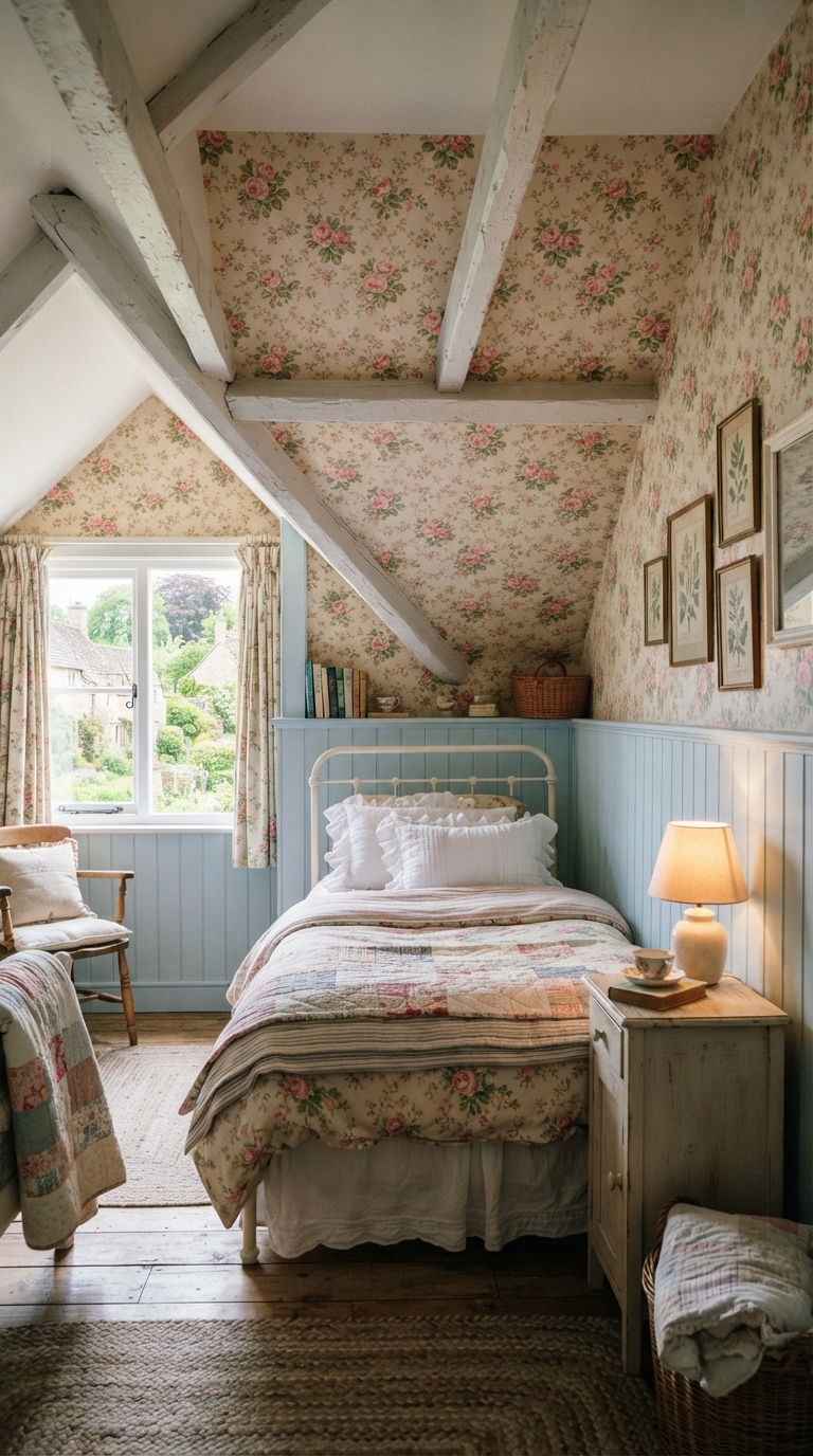 Floral wallpaper and light blue paneling in a cottage slanted ceiling bedroom