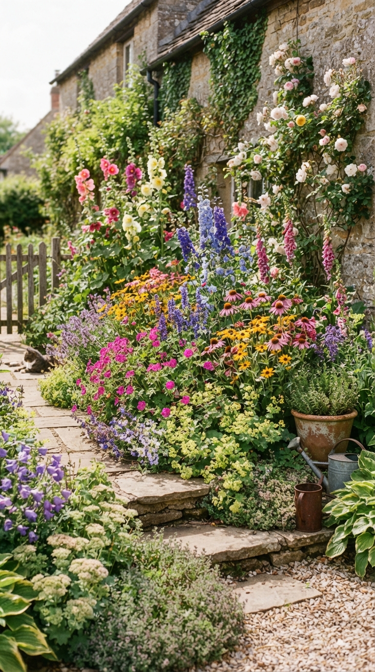 Cottage-style flower bed garden in a backyard corner