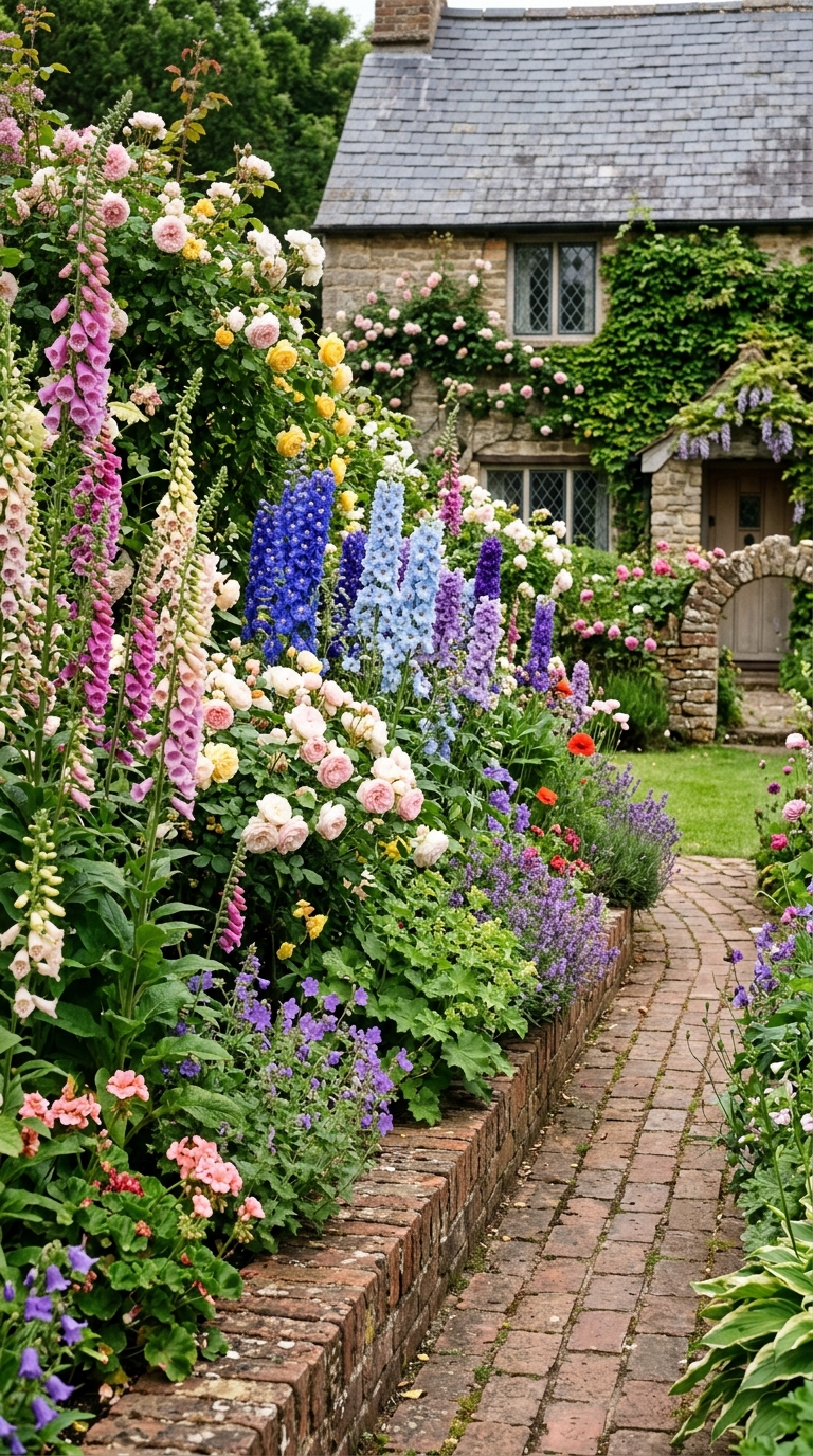 Overflowing cottage-style flower border in a romantic English backyard garden