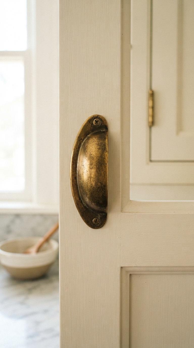 Warm brass hardware detail in a cottage kitchen