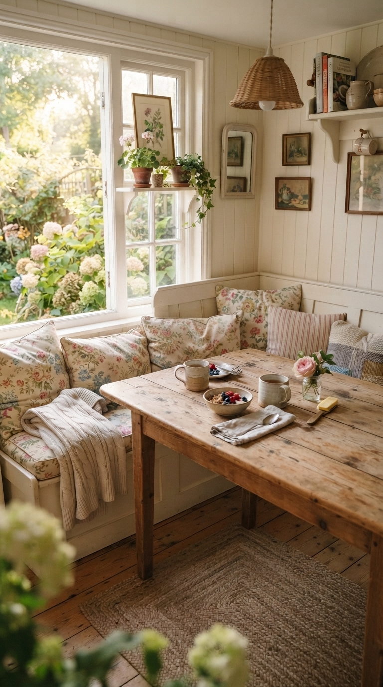 Cozy breakfast nook styled in a cottage kitchen