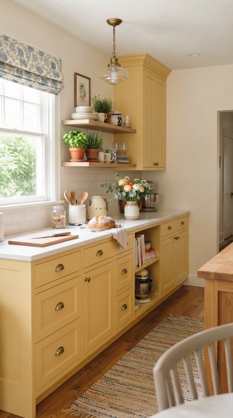 Cheerful buttery yellow cabinets in a cottage kitchen