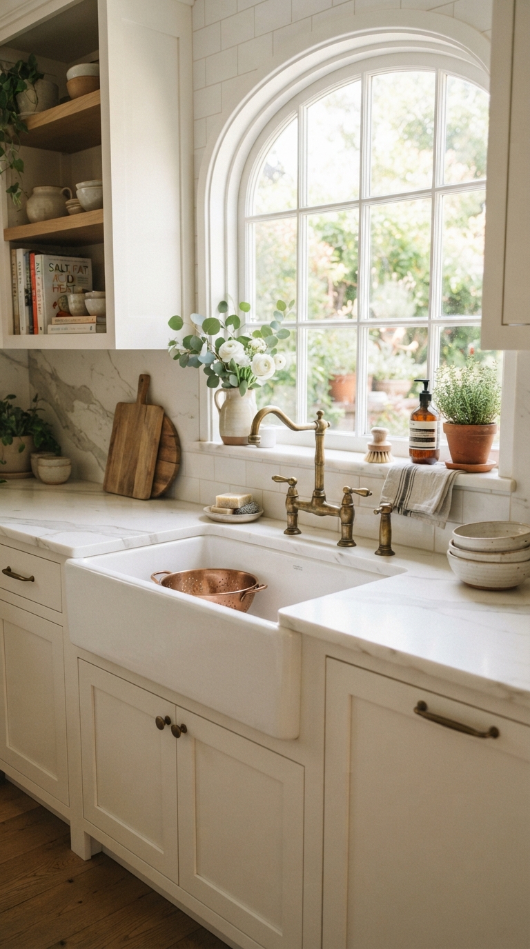 Apron-front farmhouse sink styled in a cottage kitchen