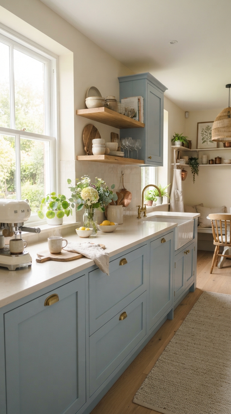Soft muted color palette in a cozy cottage kitchen