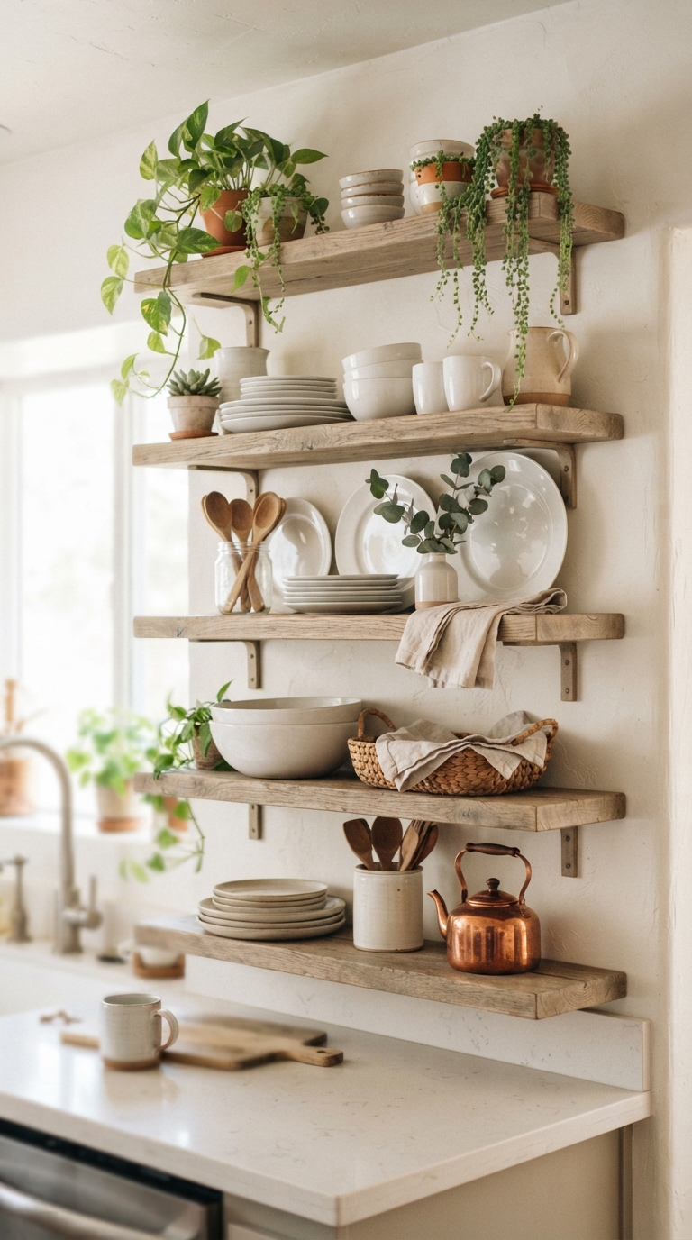 Open shelving styled with dishware in a cottage kitchen