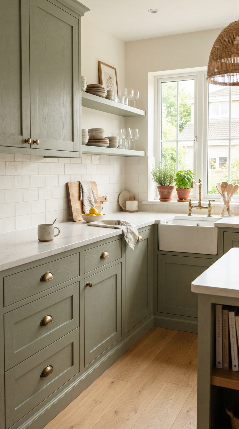 Sage green cabinetry in a chic cottage kitchen