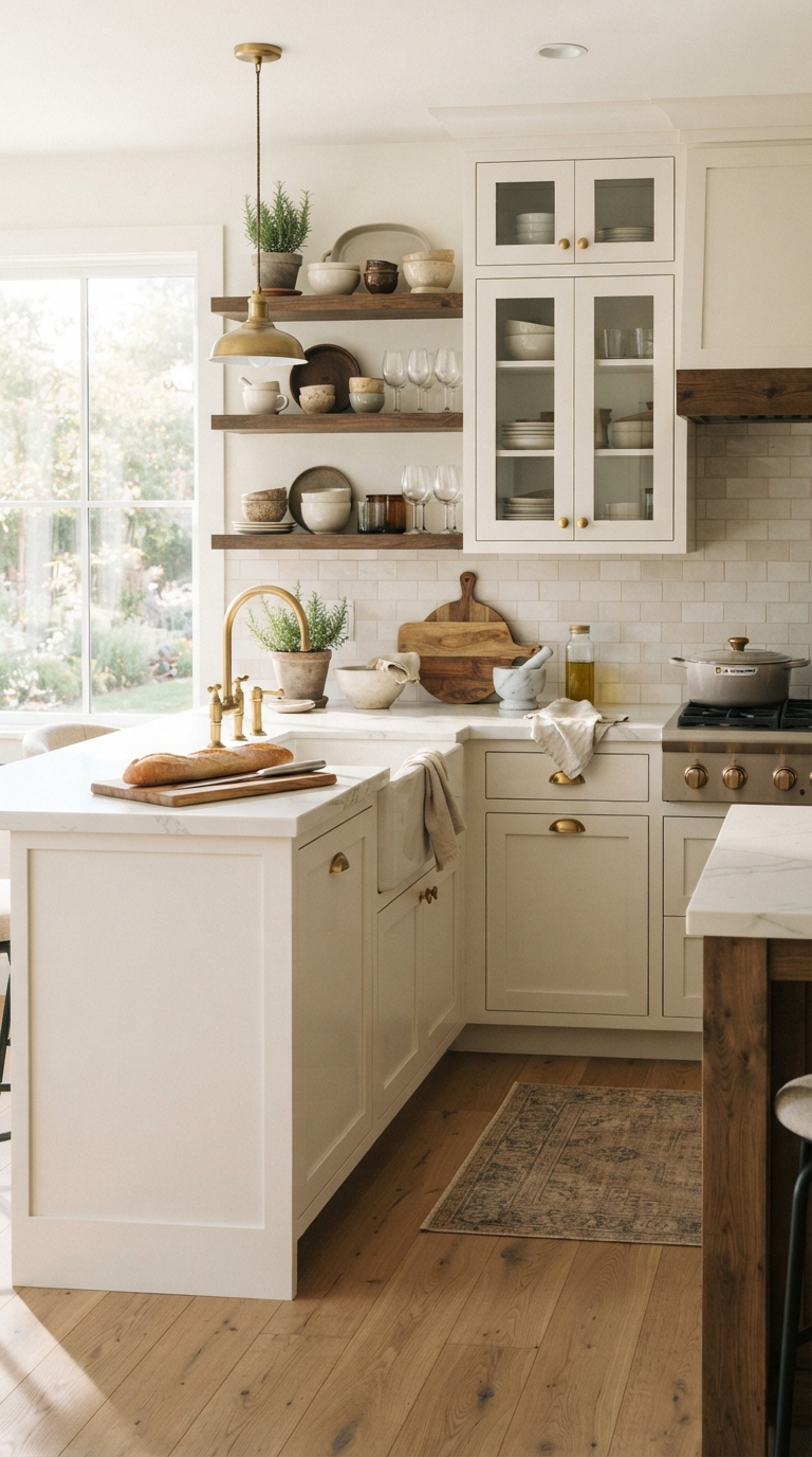 Cottage kitchen idea featuring classic warm white shaker cabinets