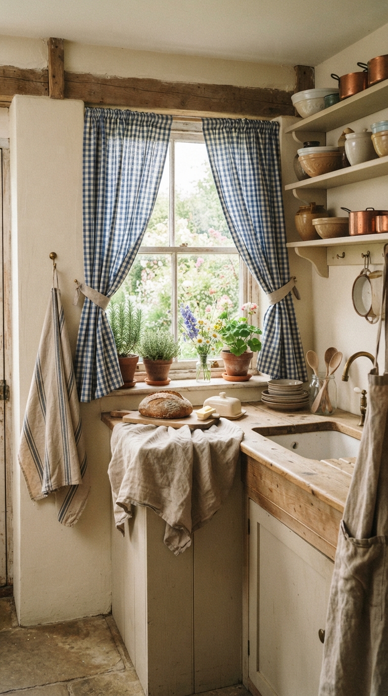 Gingham and linen textiles styled in a cottage kitchen