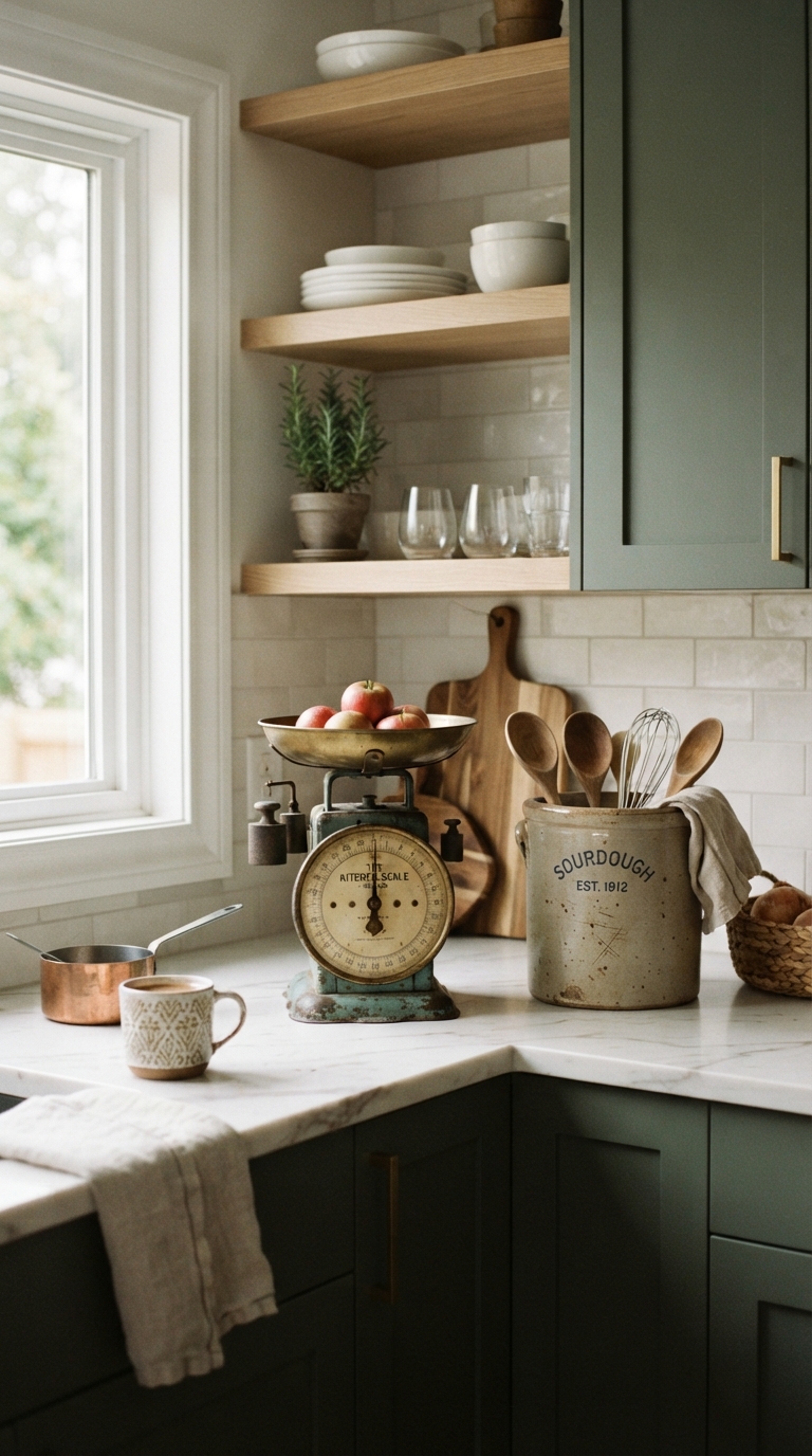Vintage decor pieces styled in a cottage kitchen