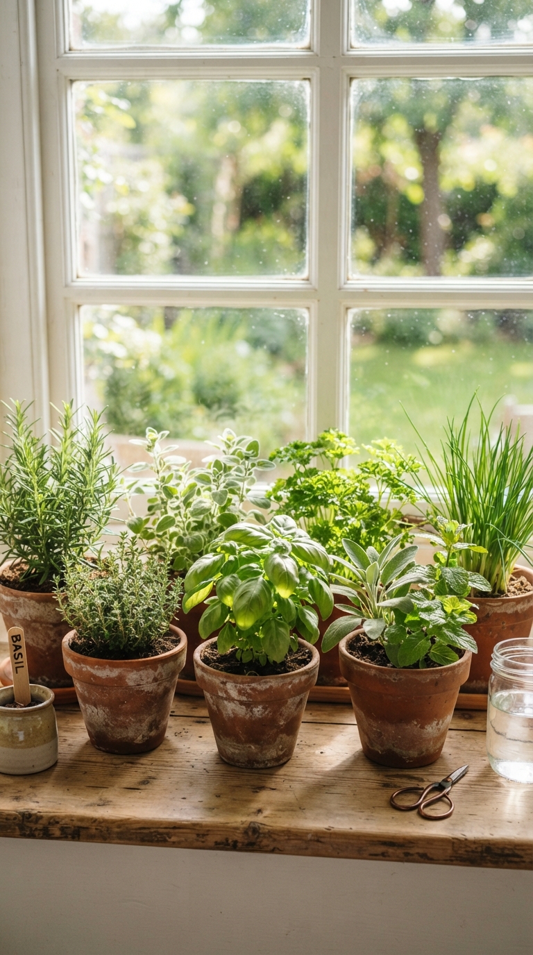 Fresh herb garden styled on a cottage kitchen windowsill
