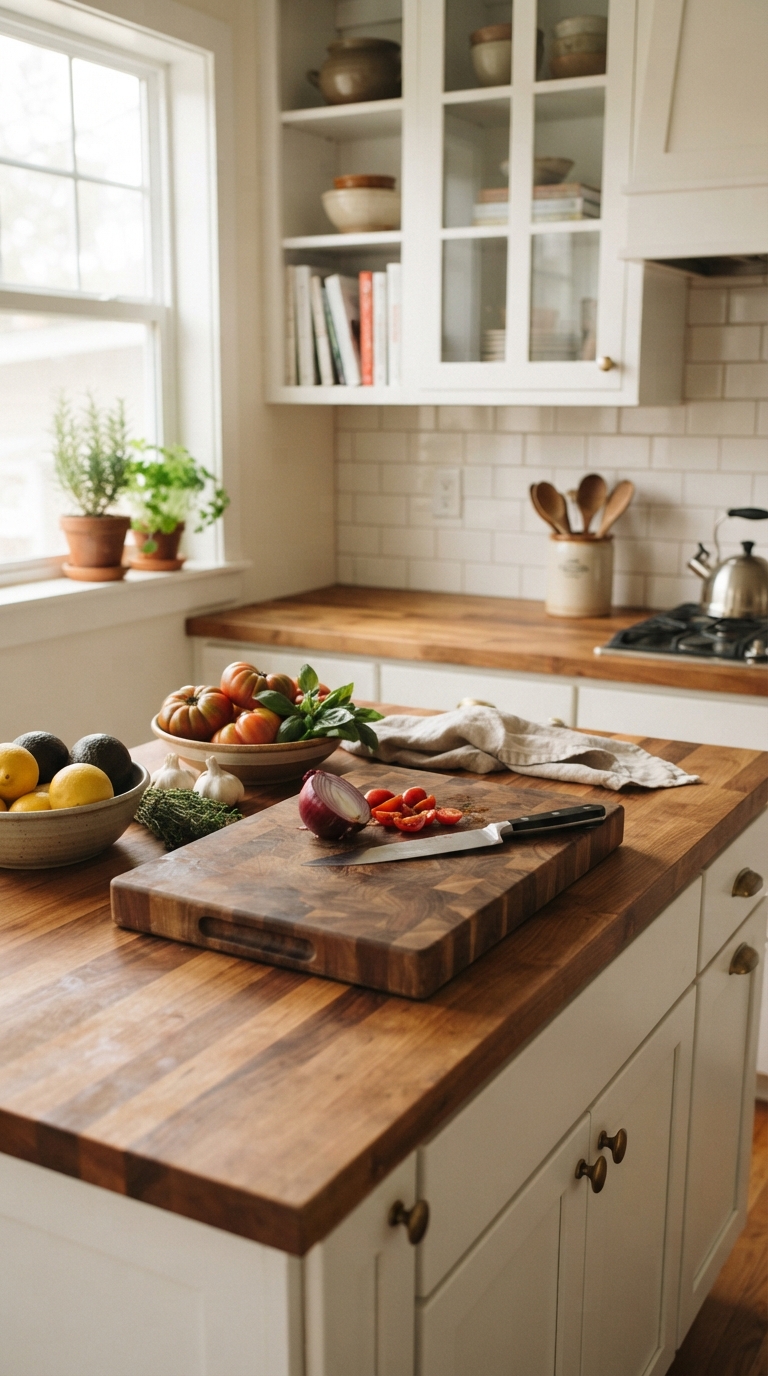 Warm wood countertop styled in a cottage kitchen