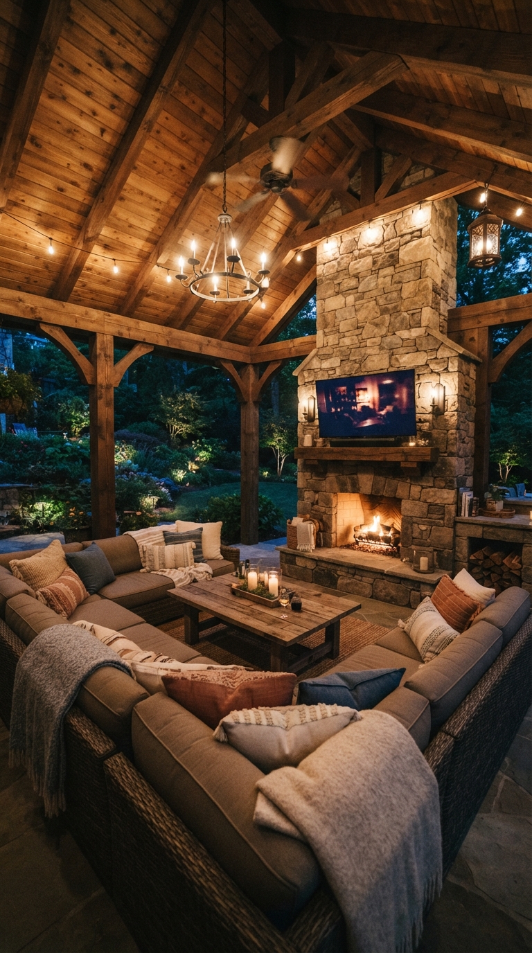 Covered patio with stone fireplace and mounted outdoor TV