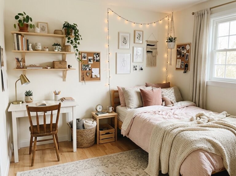 Cozy aesthetic teen girl bedroom with budget-friendly decor