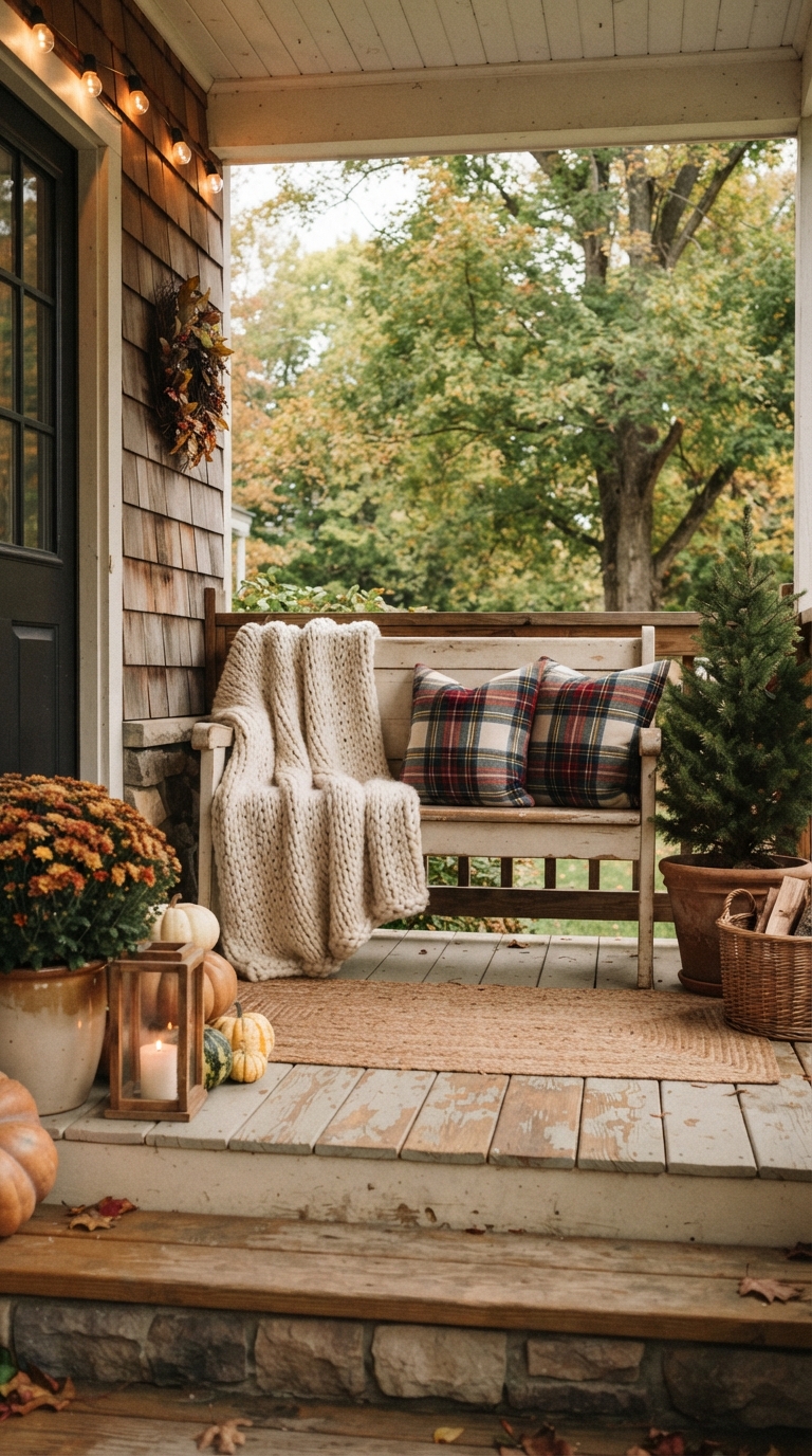 Fall porch bench with cozy throw blanket and pillows