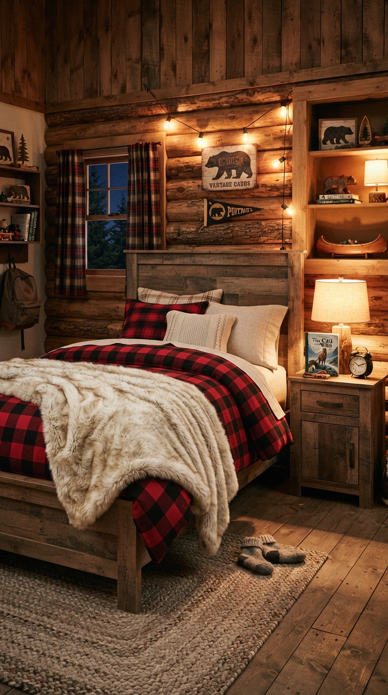 Cozy cabin retreat theme in a boy's bedroom with plaid bedding