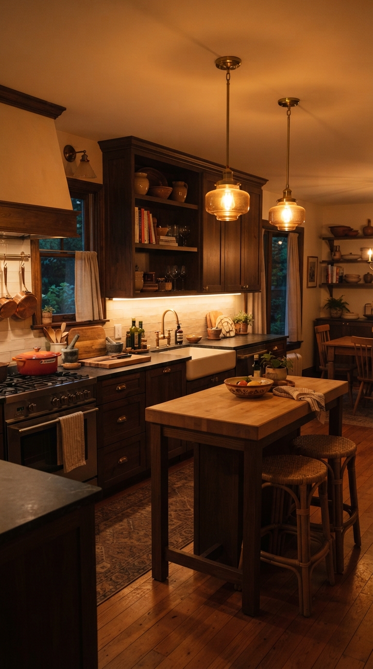 Dark wood kitchen cabinets styled with warm cozy lighting