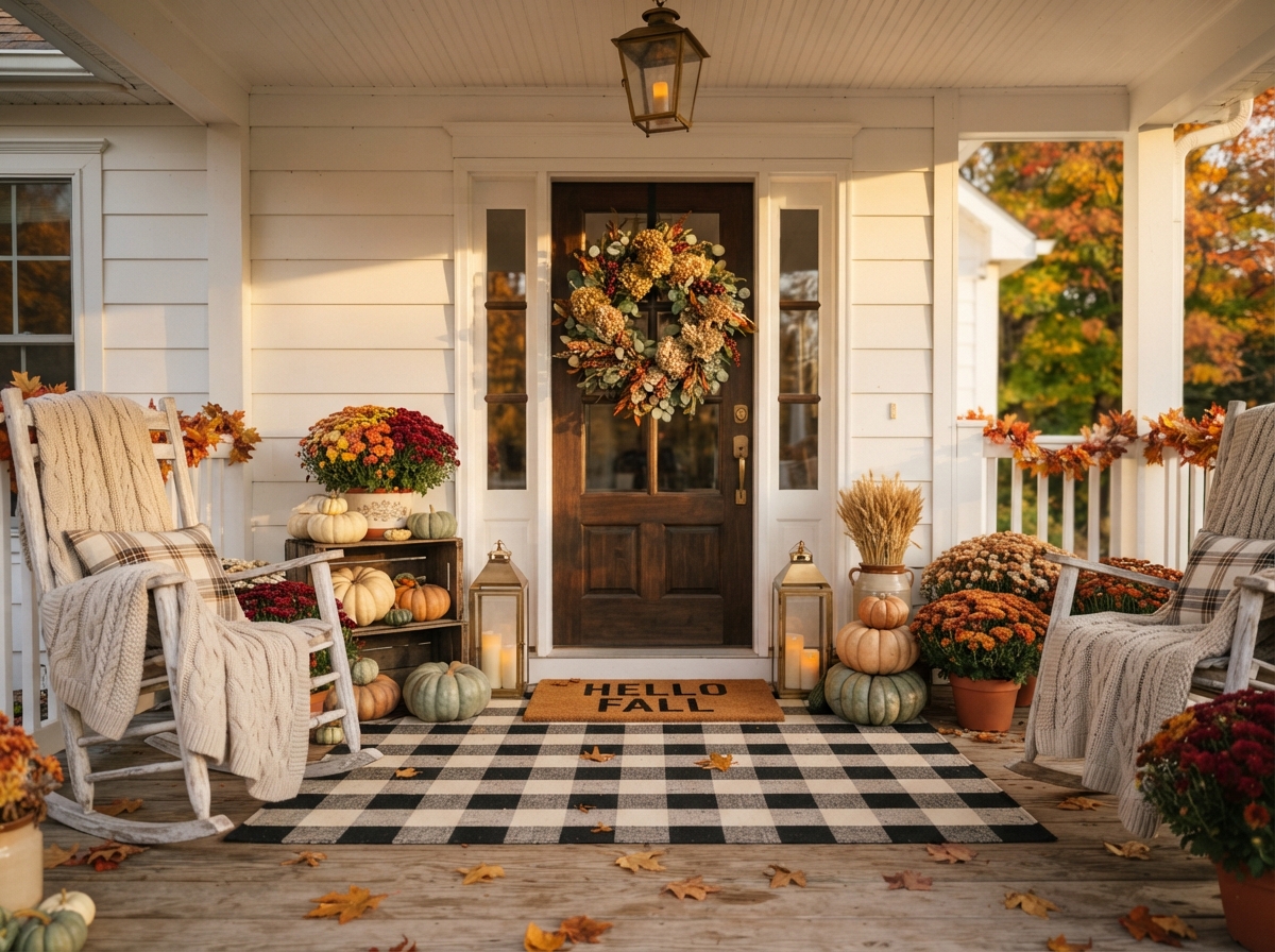 Cozy fall front porch decorated with pumpkins, mums, lanterns, plaid doormat, and autumn wreath.