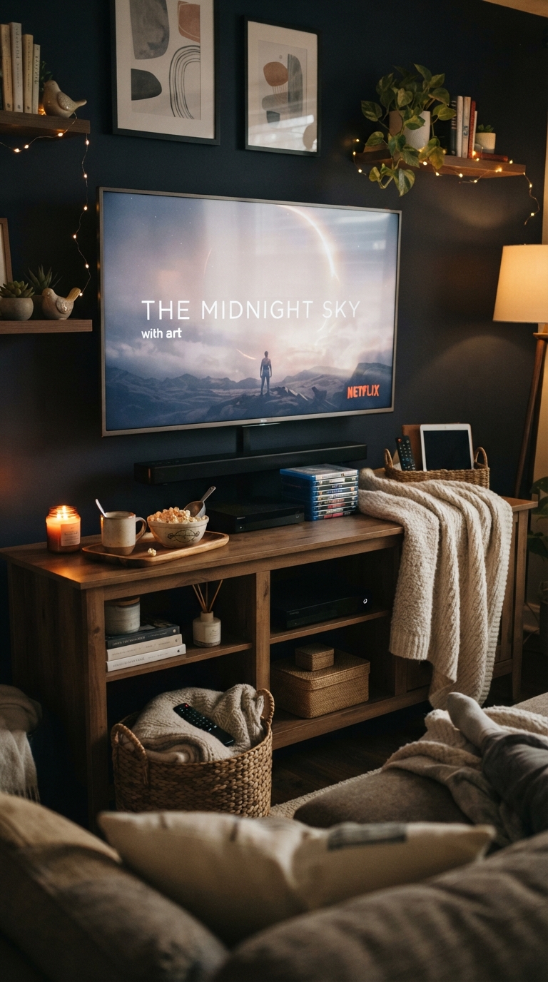 TV console styled cozy for movie night with candle and throw