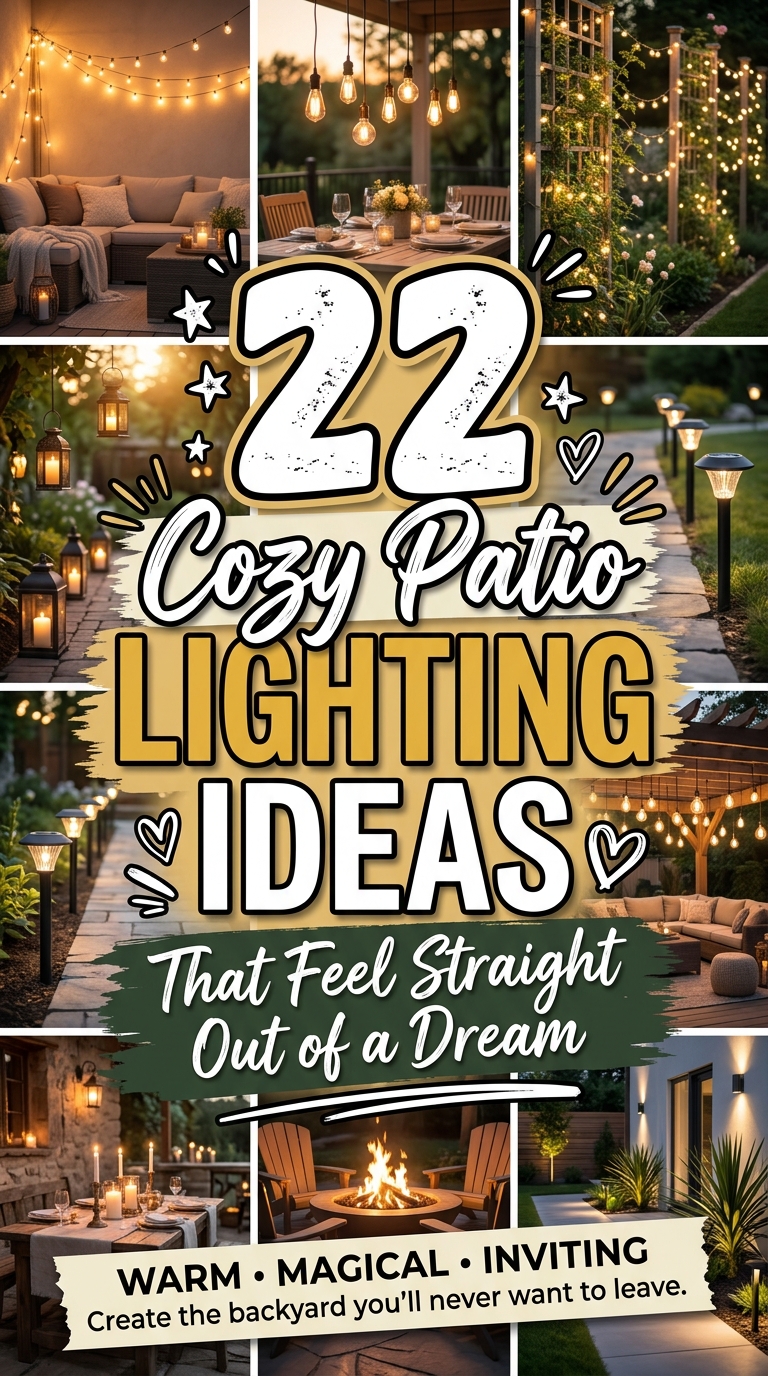 22 cozy patio lighting ideas featuring dreamy outdoor string lights, lanterns, pergola lighting, and warm backyard decor inspiration.