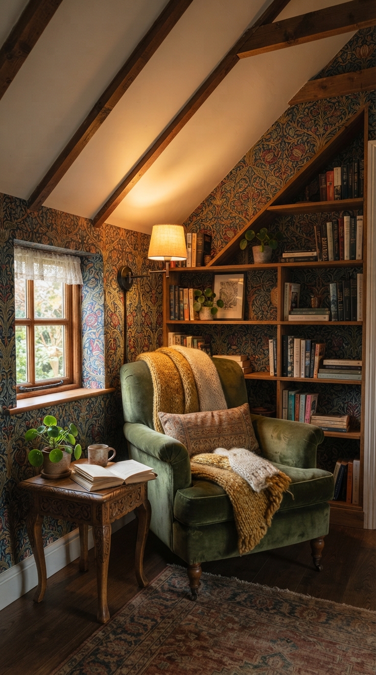 Bedroom reading nook with patterned wallpaper under a slanted ceiling