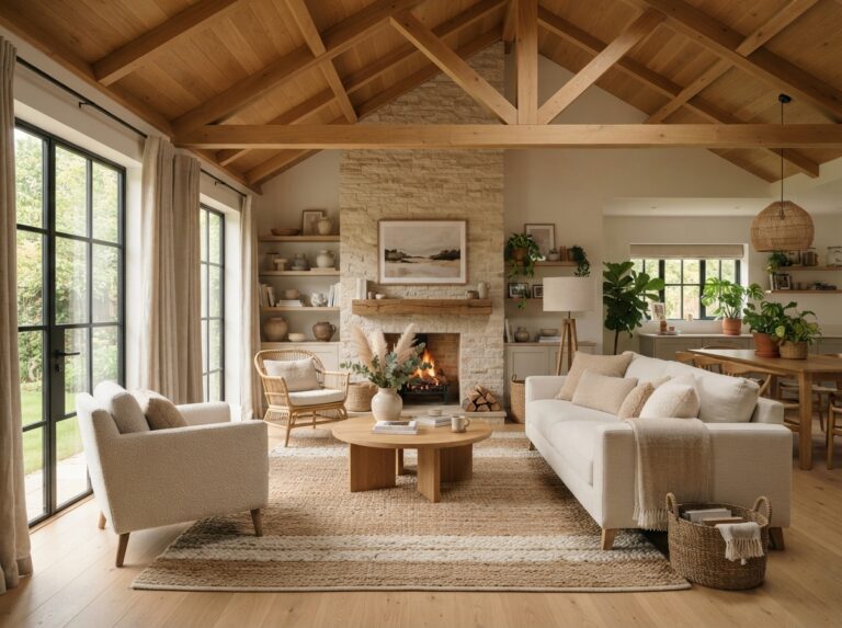 Modern living room featuring a stylish natural wood ceiling with warm neutral décor and cozy design.