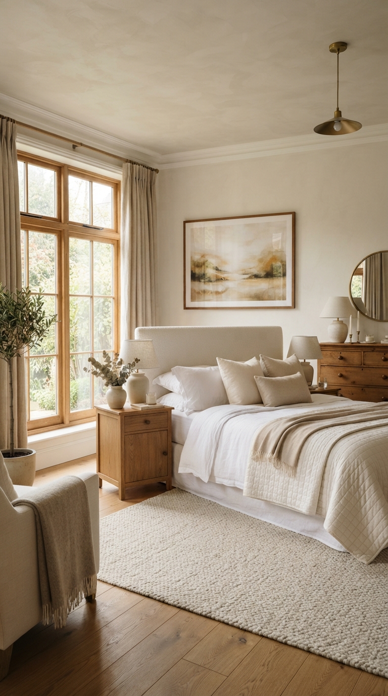 Creamy white and warm wood bedroom styled for timeless modern luxury