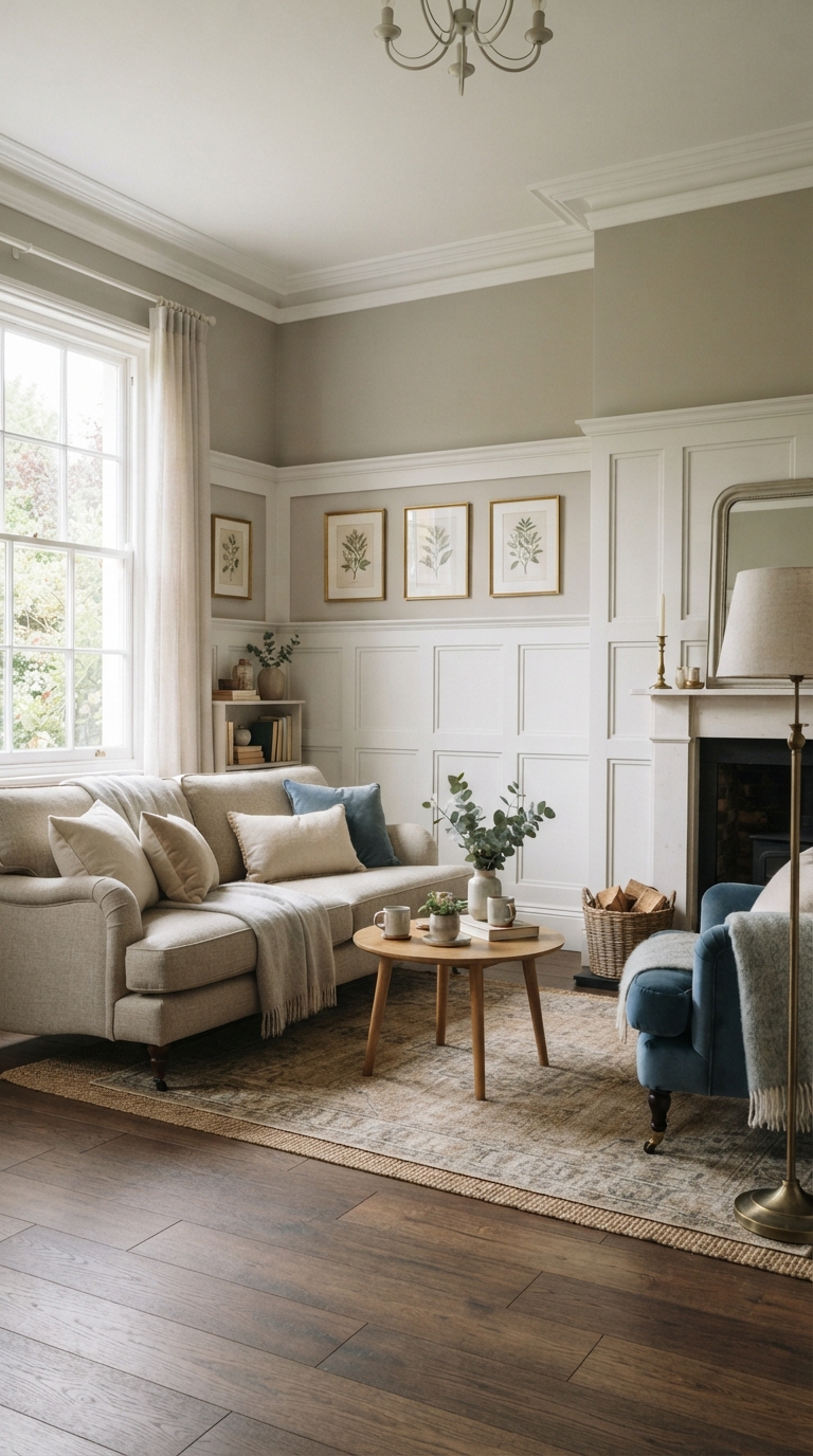 Crown molding and wainscoting architectural details in an old money style room