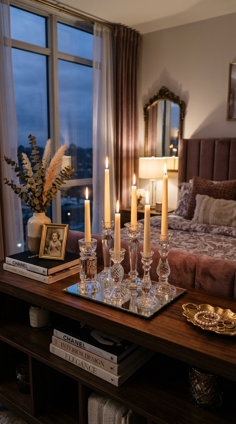 Crystal candle holders styled on a glam bedroom shelf