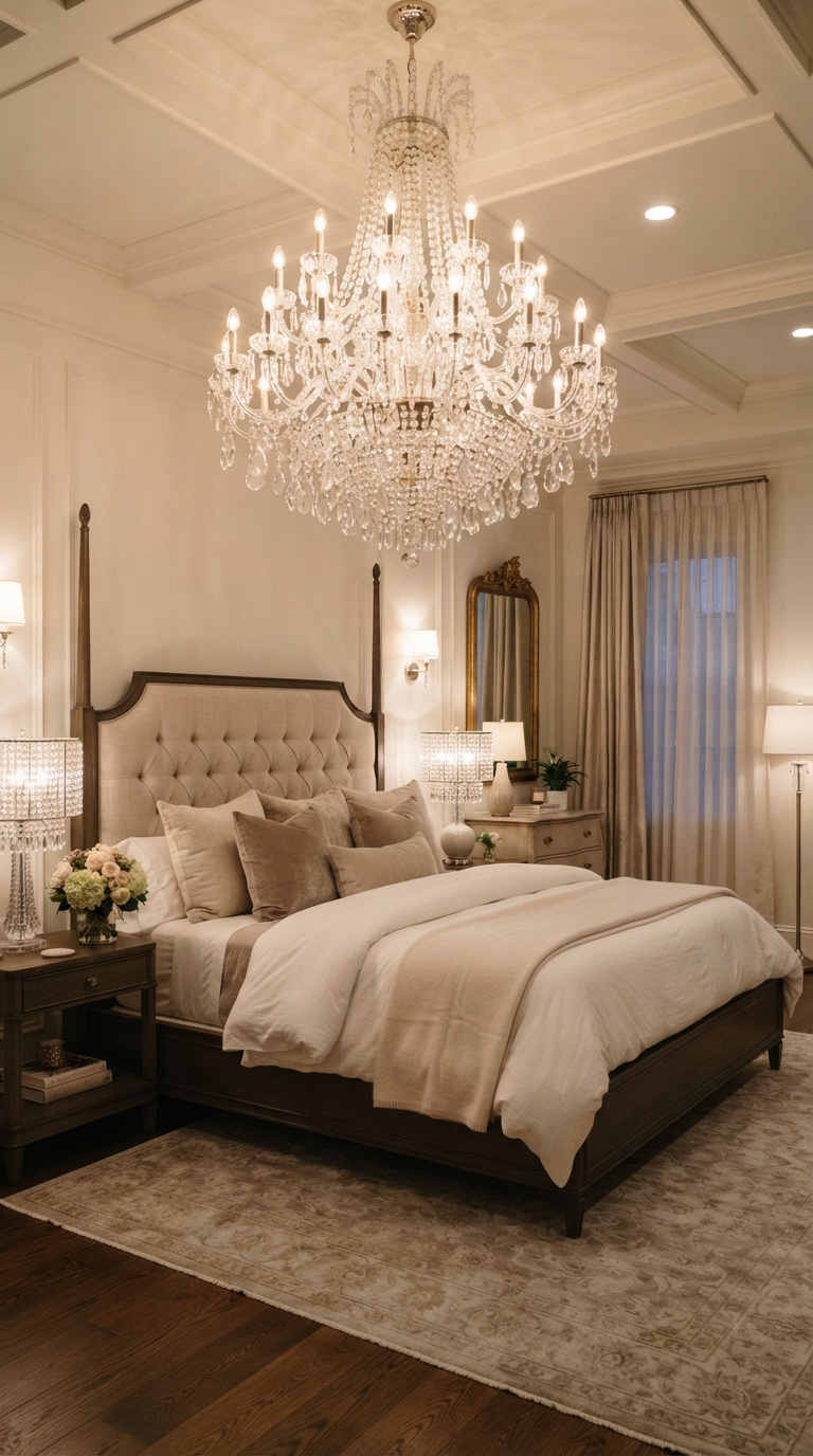 Crystal chandelier as a statement piece in a modern luxury bedroom