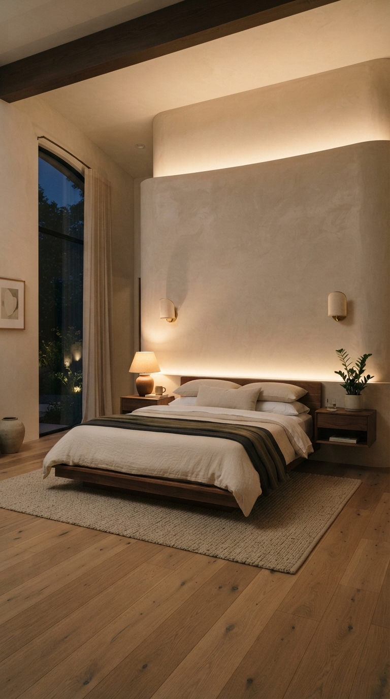 Curved feature wall with ambient lighting in a modern luxury bedroom