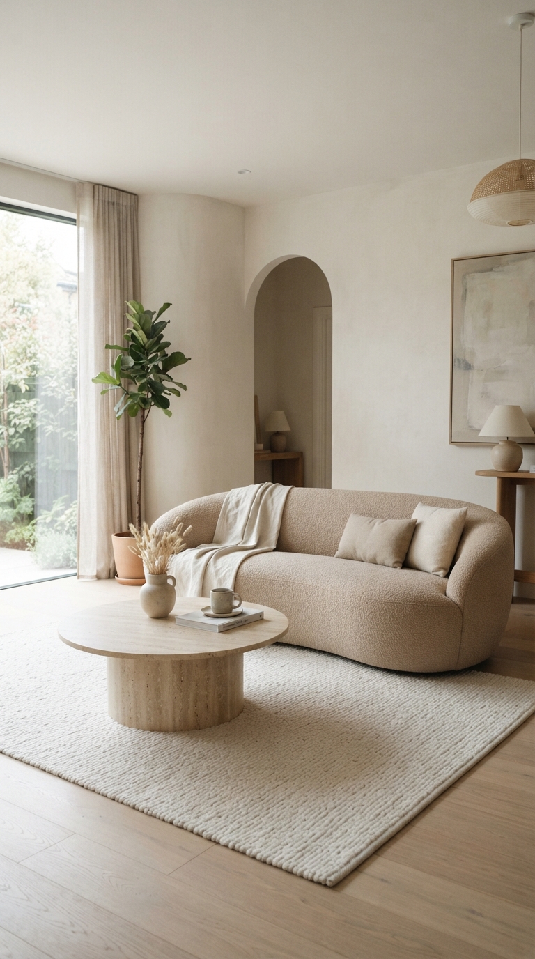 Curved furniture in soft sand tones in a modern minimalist living room