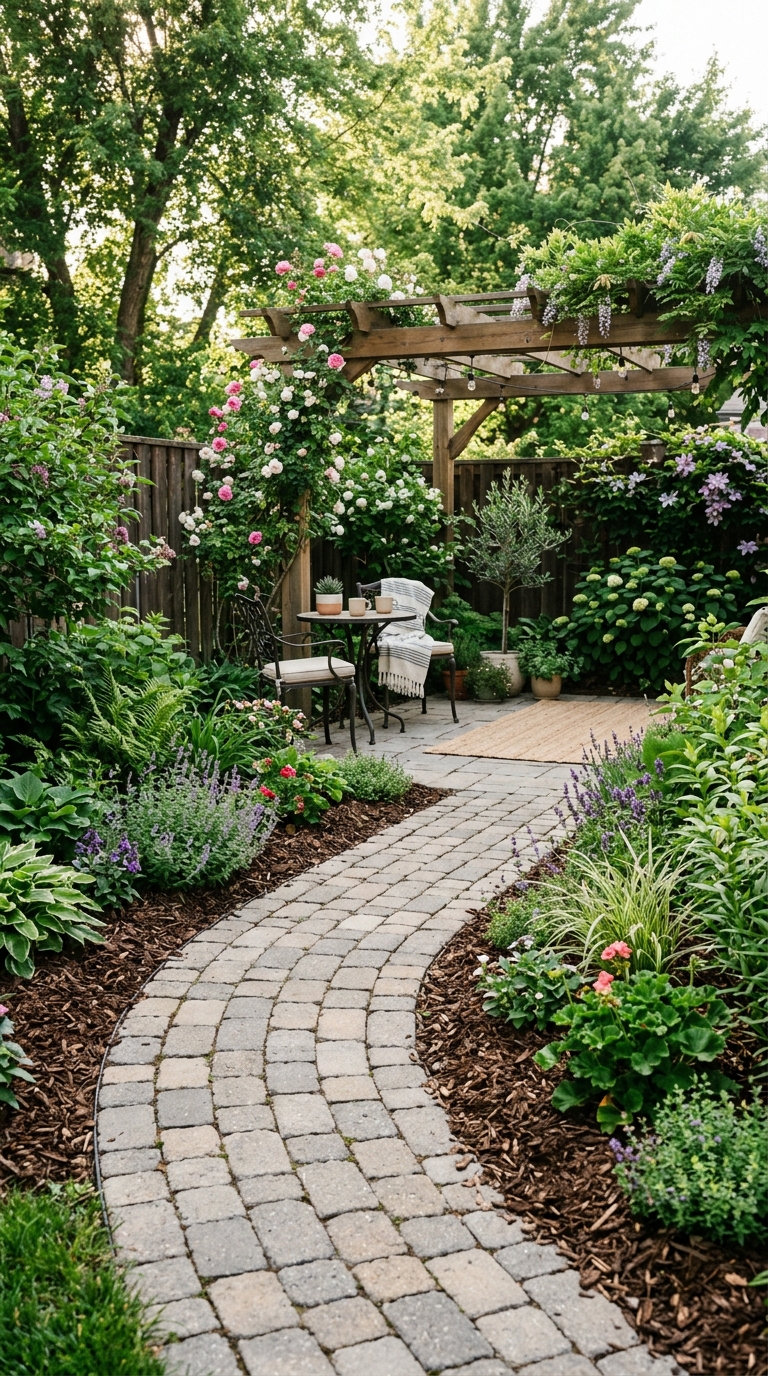 Curved organic paver path leading to a backyard patio