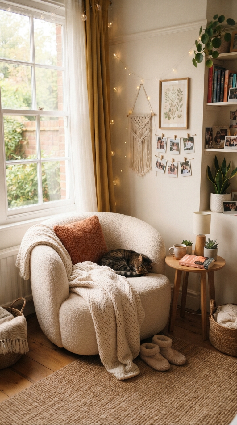 Curved upholstered reading nook chair in a cozy teen girl bedroom corner