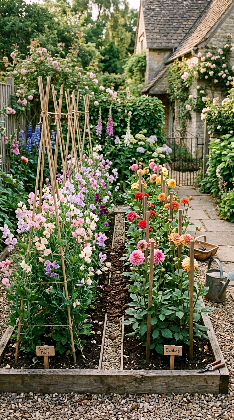 Cutting garden bed with fresh flowers in a romantic backyard