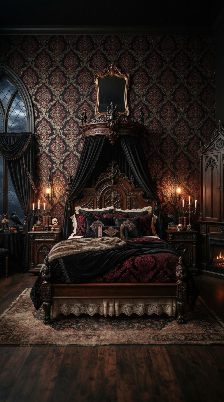 Damask wallpaper statement wall in a gothic bedroom