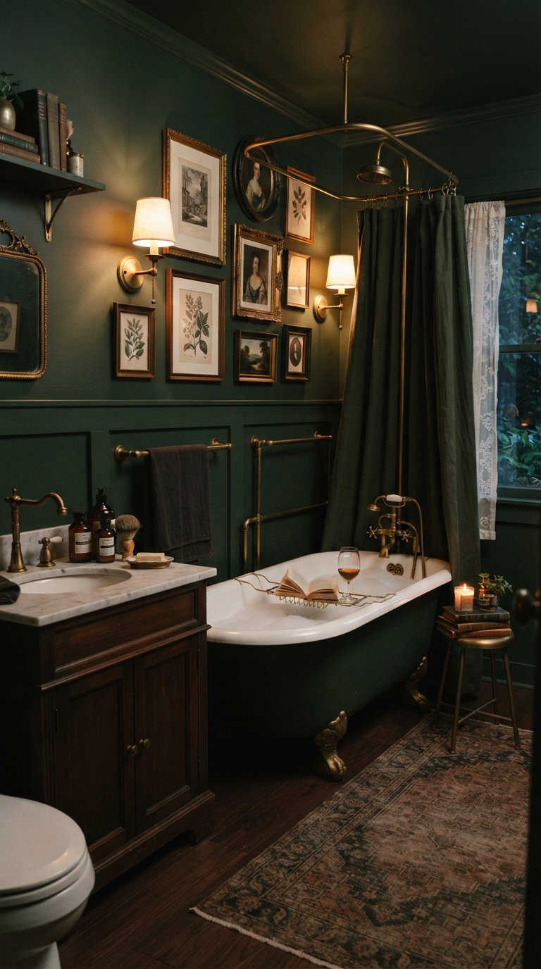 Dark academia aesthetic bathroom with deep green walls and brass fixtures