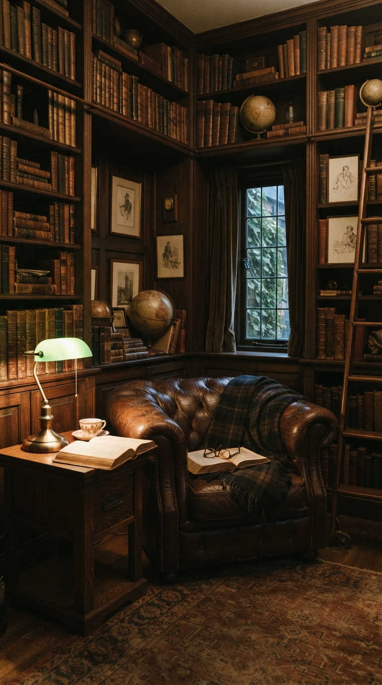 Dark academia library corner with vintage bookshelves, leather chair, warm lighting, and cozy reading nook.
