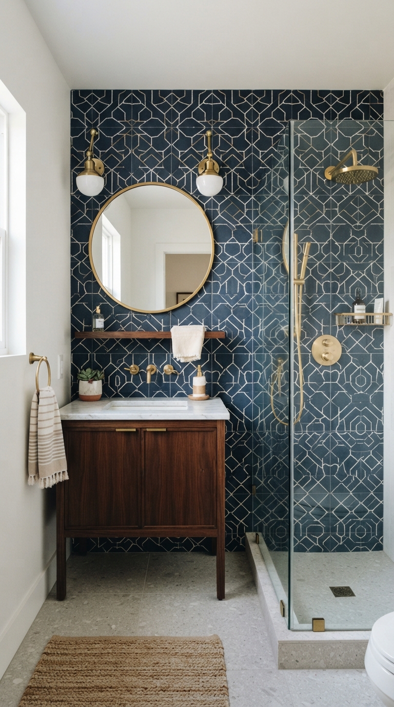 Dark blue geometric tile statement wall in a chic bathroom