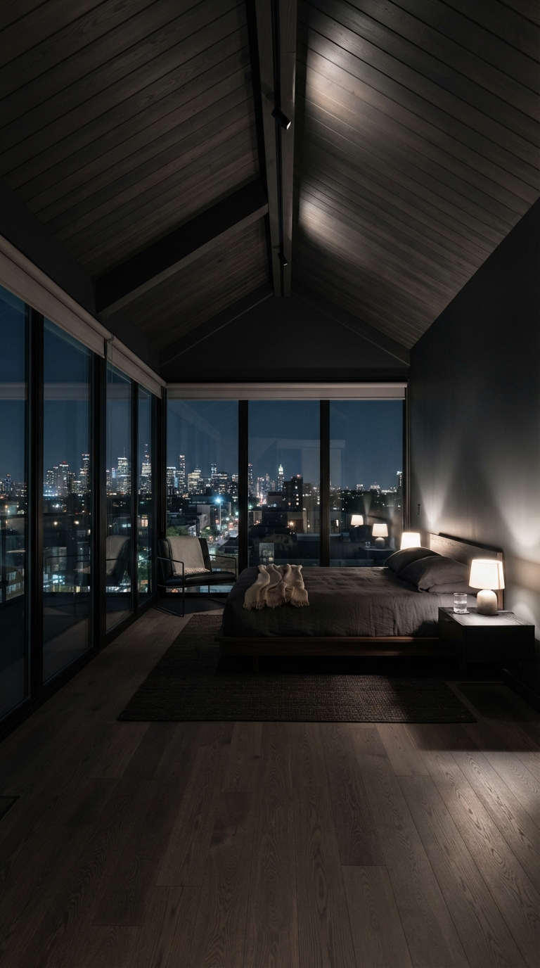 Dark slanted ceiling bedroom with floor-to-ceiling windows and minimal furniture