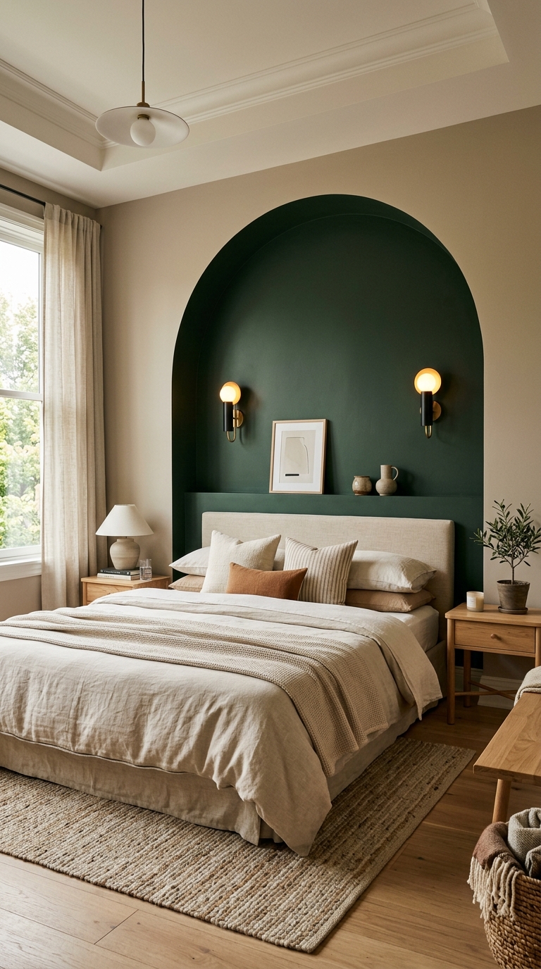 Dark green arched niche bedroom headboard wall
