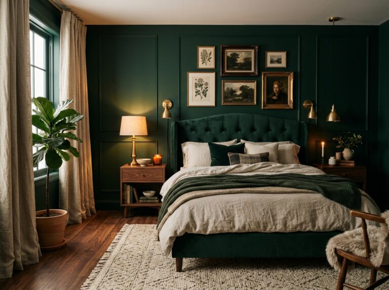 Moody dark green bedroom with cozy decor