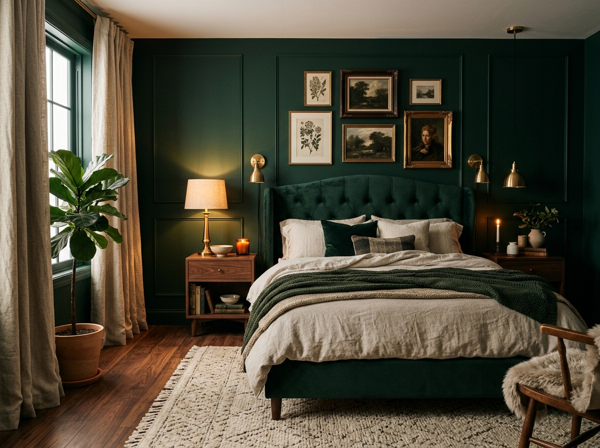 Moody dark green bedroom with cozy decor